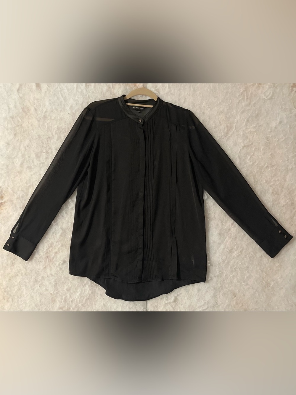 black sheer blouse from Rock & Republic features subtle pleated details.(SKU770)
